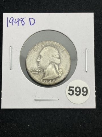 1948 D Washington Quarter Silver Coin: KEY WORDS: INDIAN ARTIFACT ARTIFACTS ARROWHEAD ARROWHEADS NATIVE AMERICAN MISSISSIPPIAN QUAPAW CADDO POTTERY COINS MORGAN DOLLAR PEACE DOLLAR SILVER COINS. All coins have been Sigma tested for