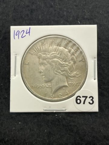 1924 Peace Silver Dollar Coin: KEY WORDS: INDIAN ARTIFACT ARTIFACTS ARROWHEAD ARROWHEADS NATIVE AMERICAN MISSISSIPPIAN QUAPAW CADDO POTTERY COINS MORGAN DOLLAR PEACE DOLLAR SILVER COINS. All coins have been Sigma tested for