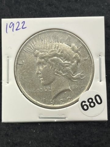 1922 Peace Silver Dollar Coin: KEY WORDS: INDIAN ARTIFACT ARTIFACTS ARROWHEAD ARROWHEADS NATIVE AMERICAN MISSISSIPPIAN QUAPAW CADDO POTTERY COINS MORGAN DOLLAR PEACE DOLLAR SILVER COINS. All coins have been Sigma tested for