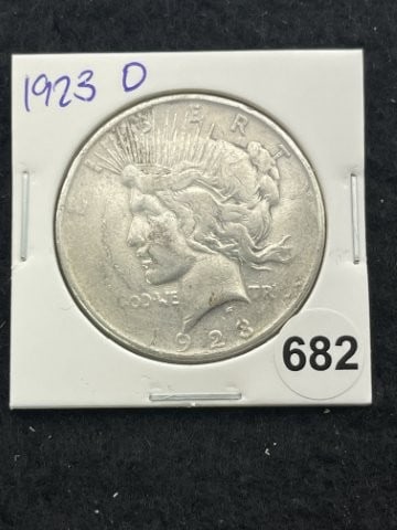 1923 D Peace Silver Dollar Coin: KEY WORDS: INDIAN ARTIFACT ARTIFACTS ARROWHEAD ARROWHEADS NATIVE AMERICAN MISSISSIPPIAN QUAPAW CADDO POTTERY COINS MORGAN DOLLAR PEACE DOLLAR SILVER COINS. All coins have been Sigma tested for