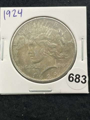 1924 Peace Silver Dollar Coin: KEY WORDS: INDIAN ARTIFACT ARTIFACTS ARROWHEAD ARROWHEADS NATIVE AMERICAN MISSISSIPPIAN QUAPAW CADDO POTTERY COINS MORGAN DOLLAR PEACE DOLLAR SILVER COINS. All coins have been Sigma tested for