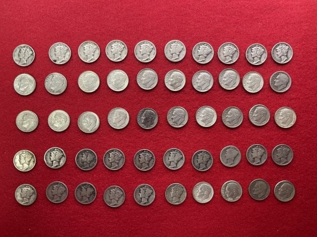 50 Silver Roosevelt Dimes & Mercury Dimes: KEY WORDS: INDIAN ARTIFACT ARTIFACTS ARROWHEAD ARROWHEADS NATIVE AMERICAN MISSISSIPPIAN QUAPAW CADDO POTTERY COINS MORGAN DOLLAR PEACE DOLLAR SILVER COINS. All coins have been Sigma tested for authent