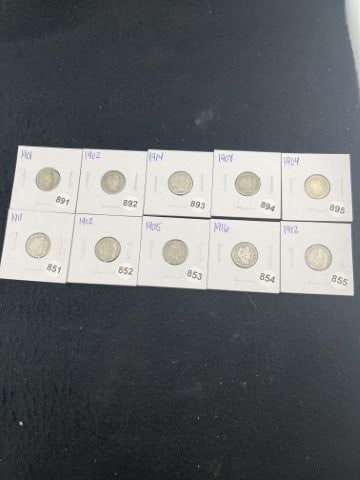 Group of Barber Dimes: KEY WORDS: INDIAN ARTIFACT ARTIFACTS ARROWHEAD ARROWHEADS NATIVE AMERICAN MISSISSIPPIAN QUAPAW CADDO POTTERY COINS MORGAN DOLLAR PEACE DOLLAR SILVER COINS. All coins have been Sigma tested for authent