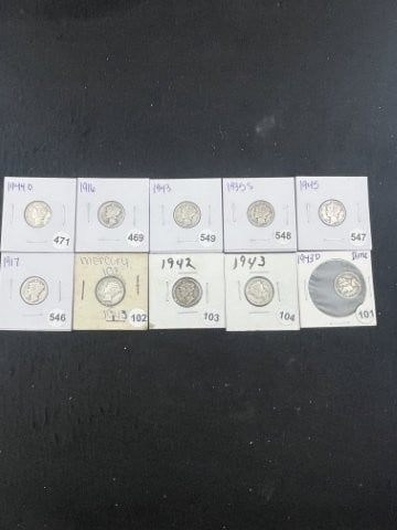 Group of Winged Liberty Head Dimes: KEY WORDS: INDIAN ARTIFACT ARTIFACTS ARROWHEAD ARROWHEADS NATIVE AMERICAN MISSISSIPPIAN QUAPAW CADDO POTTERY COINS MORGAN DOLLAR PEACE DOLLAR SILVER COINS. All coins have been Sigma tested for authent