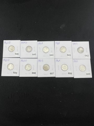 Group of Roosevelt Dimes: KEY WORDS: INDIAN ARTIFACT ARTIFACTS ARROWHEAD ARROWHEADS NATIVE AMERICAN MISSISSIPPIAN QUAPAW CADDO POTTERY COINS MORGAN DOLLAR PEACE DOLLAR SILVER COINS. All coins have been Sigma tested for authent