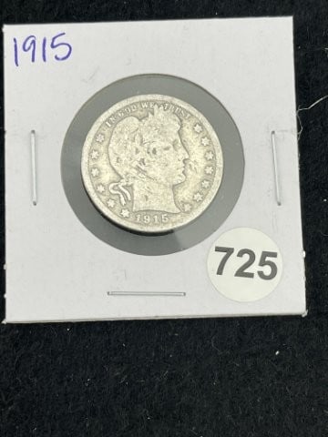 1915 Barber Quarter Silver Coin: KEY WORDS: INDIAN ARTIFACT ARTIFACTS ARROWHEAD ARROWHEADS NATIVE AMERICAN MISSISSIPPIAN QUAPAW CADDO POTTERY COINS MORGAN DOLLAR PEACE DOLLAR SILVER COINS. All coins have been Sigma tested for authent