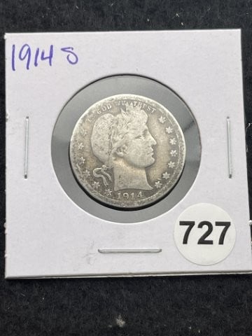 1914 S Barber Quarter Silver Coin: KEY WORDS: INDIAN ARTIFACT ARTIFACTS ARROWHEAD ARROWHEADS NATIVE AMERICAN MISSISSIPPIAN QUAPAW CADDO POTTERY COINS MORGAN DOLLAR PEACE DOLLAR SILVER COINS. All coins have been Sigma tested for authent