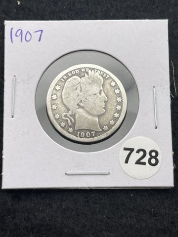 1907 Barber Quarter Silver Coin: KEY WORDS: INDIAN ARTIFACT ARTIFACTS ARROWHEAD ARROWHEADS NATIVE AMERICAN MISSISSIPPIAN QUAPAW CADDO POTTERY COINS MORGAN DOLLAR PEACE DOLLAR SILVER COINS. All coins have been Sigma tested for authent