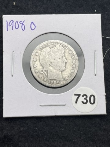 1908 O Barber Quarter Silver Coin: KEY WORDS: INDIAN ARTIFACT ARTIFACTS ARROWHEAD ARROWHEADS NATIVE AMERICAN MISSISSIPPIAN QUAPAW CADDO POTTERY COINS MORGAN DOLLAR PEACE DOLLAR SILVER COINS. All coins have been Sigma tested for authent