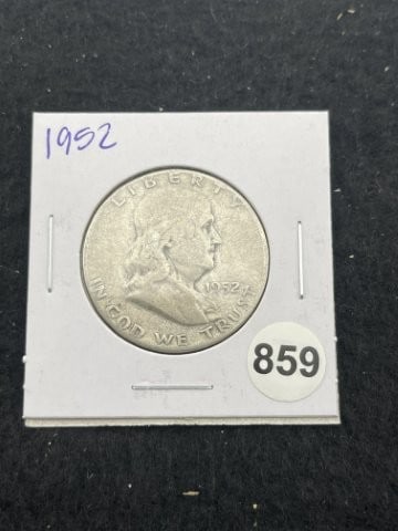 1952 Franklin Half Dollar Silver Coin: KEY WORDS: INDIAN ARTIFACT ARTIFACTS ARROWHEAD ARROWHEADS NATIVE AMERICAN MISSISSIPPIAN QUAPAW CADDO POTTERY COINS MORGAN DOLLAR PEACE DOLLAR SILVER COINS. All coins have been Sigma tested for