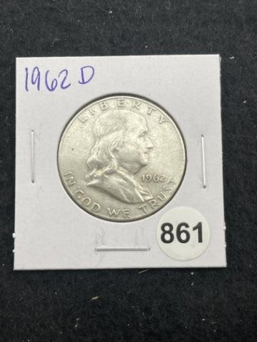 1962 D Franklin Half Dollar Silver Coin: KEY WORDS: INDIAN ARTIFACT ARTIFACTS ARROWHEAD ARROWHEADS NATIVE AMERICAN MISSISSIPPIAN QUAPAW CADDO POTTERY COINS MORGAN DOLLAR PEACE DOLLAR SILVER COINS. All coins have been Sigma tested for