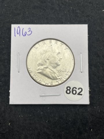 1963 Franklin Half Dollar Silver Coin: KEY WORDS: INDIAN ARTIFACT ARTIFACTS ARROWHEAD ARROWHEADS NATIVE AMERICAN MISSISSIPPIAN QUAPAW CADDO POTTERY COINS MORGAN DOLLAR PEACE DOLLAR SILVER COINS. All coins have been Sigma tested for