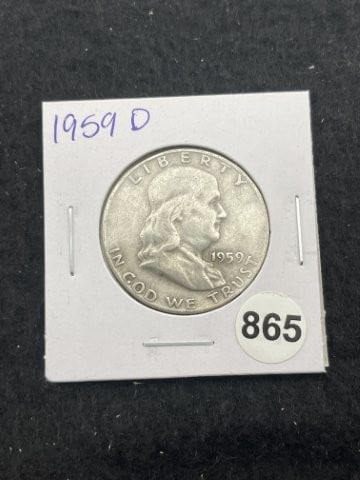 1959 D Franklin Half Dollar Silver Coin: KEY WORDS: INDIAN ARTIFACT ARTIFACTS ARROWHEAD ARROWHEADS NATIVE AMERICAN MISSISSIPPIAN QUAPAW CADDO POTTERY COINS MORGAN DOLLAR PEACE DOLLAR SILVER COINS. All coins have been Sigma tested for