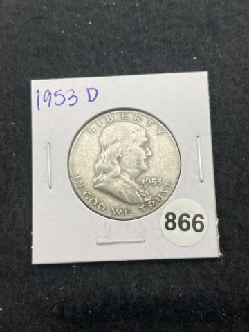 1953 D Franklin Half Dollar Silver Coin: KEY WORDS: INDIAN ARTIFACT ARTIFACTS ARROWHEAD ARROWHEADS NATIVE AMERICAN MISSISSIPPIAN QUAPAW CADDO POTTERY COINS MORGAN DOLLAR PEACE DOLLAR SILVER COINS. All coins have been Sigma tested for