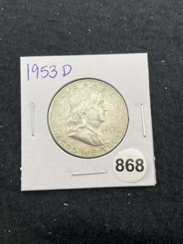 1953 D Franklin Half Dollar Silver Coin: KEY WORDS: INDIAN ARTIFACT ARTIFACTS ARROWHEAD ARROWHEADS NATIVE AMERICAN MISSISSIPPIAN QUAPAW CADDO POTTERY COINS MORGAN DOLLAR PEACE DOLLAR SILVER COINS. All coins have been Sigma tested for
