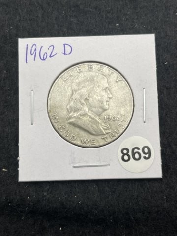 1962 D Franklin Half Dollar Silver Coin: KEY WORDS: INDIAN ARTIFACT ARTIFACTS ARROWHEAD ARROWHEADS NATIVE AMERICAN MISSISSIPPIAN QUAPAW CADDO POTTERY COINS MORGAN DOLLAR PEACE DOLLAR SILVER COINS. All coins have been Sigma tested for