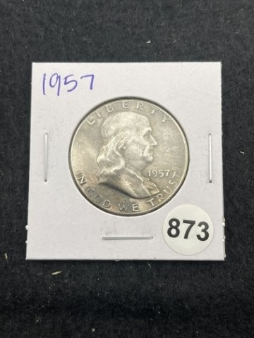 1957 Franklin Half Dollar Silver Coin: KEY WORDS: INDIAN ARTIFACT ARTIFACTS ARROWHEAD ARROWHEADS NATIVE AMERICAN MISSISSIPPIAN QUAPAW CADDO POTTERY COINS MORGAN DOLLAR PEACE DOLLAR SILVER COINS. All coins have been Sigma tested for