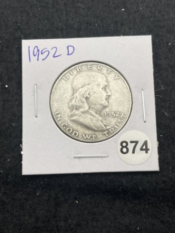1952 D Franklin Half Dollar Silver Coin: KEY WORDS: INDIAN ARTIFACT ARTIFACTS ARROWHEAD ARROWHEADS NATIVE AMERICAN MISSISSIPPIAN QUAPAW CADDO POTTERY COINS MORGAN DOLLAR PEACE DOLLAR SILVER COINS. All coins have been Sigma tested for authent