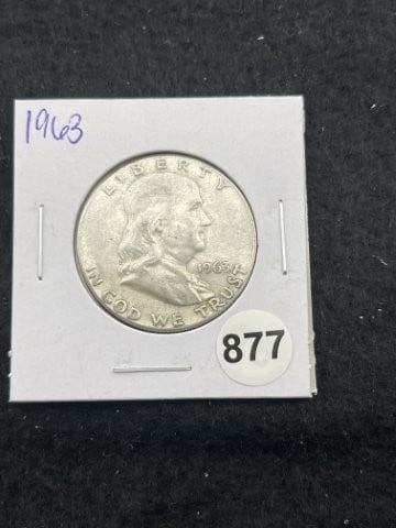1963 Franklin Half Dollar Silver Coin: KEY WORDS: INDIAN ARTIFACT ARTIFACTS ARROWHEAD ARROWHEADS NATIVE AMERICAN MISSISSIPPIAN QUAPAW CADDO POTTERY COINS MORGAN DOLLAR PEACE DOLLAR SILVER COINS. All coins have been Sigma tested for