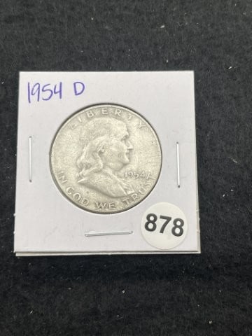 1954 D Franklin Half Dollar Silver Coin: KEY WORDS: INDIAN ARTIFACT ARTIFACTS ARROWHEAD ARROWHEADS NATIVE AMERICAN MISSISSIPPIAN QUAPAW CADDO POTTERY COINS MORGAN DOLLAR PEACE DOLLAR SILVER COINS. All coins have been Sigma tested for