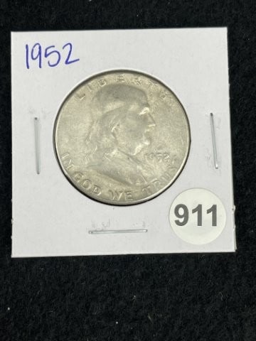 1952 Franklin Half Dollar Silver Coin: KEY WORDS: INDIAN ARTIFACT ARTIFACTS ARROWHEAD ARROWHEADS NATIVE AMERICAN MISSISSIPPIAN QUAPAW CADDO POTTERY COINS MORGAN DOLLAR PEACE DOLLAR SILVER COINS. All coins have been Sigma tested for