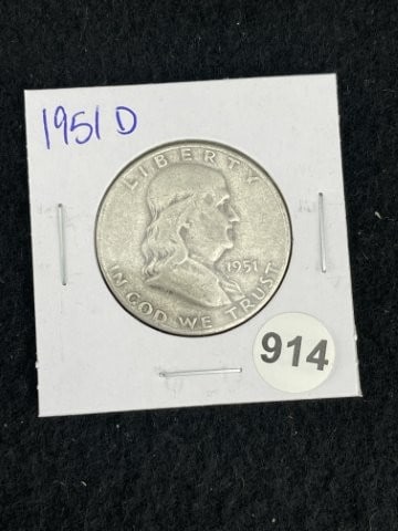 1951 D Franklin Half Dollar Silver Coin: KEY WORDS: INDIAN ARTIFACT ARTIFACTS ARROWHEAD ARROWHEADS NATIVE AMERICAN MISSISSIPPIAN QUAPAW CADDO POTTERY COINS MORGAN DOLLAR PEACE DOLLAR SILVER COINS. All coins have been Sigma tested for