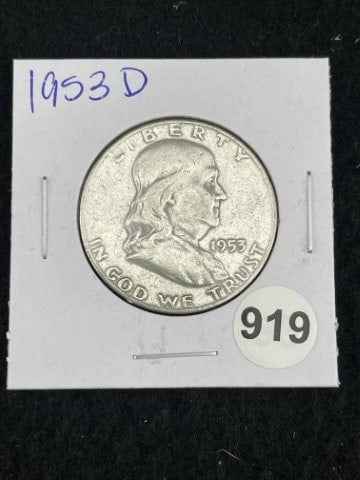 1953 D Franklin Half Dollar Silver Coin: KEY WORDS: INDIAN ARTIFACT ARTIFACTS ARROWHEAD ARROWHEADS NATIVE AMERICAN MISSISSIPPIAN QUAPAW CADDO POTTERY COINS MORGAN DOLLAR PEACE DOLLAR SILVER COINS. All coins have been Sigma tested for