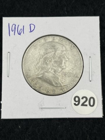 1961 D Franklin Half Dollar Silver Coin: KEY WORDS: INDIAN ARTIFACT ARTIFACTS ARROWHEAD ARROWHEADS NATIVE AMERICAN MISSISSIPPIAN QUAPAW CADDO POTTERY COINS MORGAN DOLLAR PEACE DOLLAR SILVER COINS. All coins have been Sigma tested for