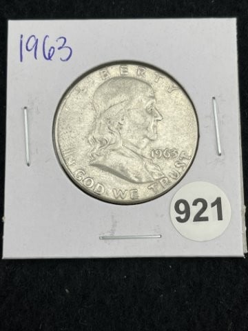 1963 Franklin Half Dollar Silver Coin: KEY WORDS: INDIAN ARTIFACT ARTIFACTS ARROWHEAD ARROWHEADS NATIVE AMERICAN MISSISSIPPIAN QUAPAW CADDO POTTERY COINS MORGAN DOLLAR PEACE DOLLAR SILVER COINS. All coins have been Sigma tested for