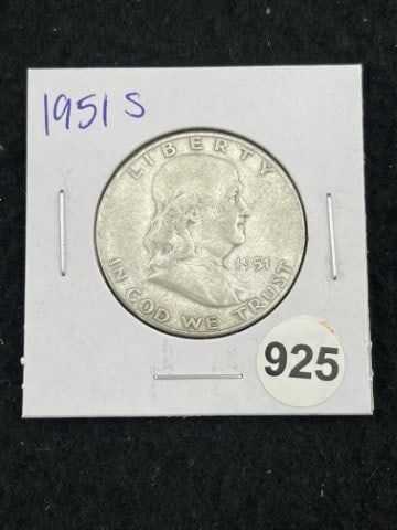 1951 S Franklin Half Dollar Silver Coin: KEY WORDS: INDIAN ARTIFACT ARTIFACTS ARROWHEAD ARROWHEADS NATIVE AMERICAN MISSISSIPPIAN QUAPAW CADDO POTTERY COINS MORGAN DOLLAR PEACE DOLLAR SILVER COINS. All coins have been Sigma tested for