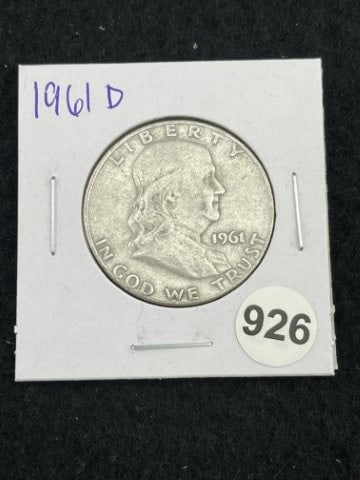 1961 D Franklin Half Dollar Silver Coin: KEY WORDS: INDIAN ARTIFACT ARTIFACTS ARROWHEAD ARROWHEADS NATIVE AMERICAN MISSISSIPPIAN QUAPAW CADDO POTTERY COINS MORGAN DOLLAR PEACE DOLLAR SILVER COINS. All coins have been Sigma tested for