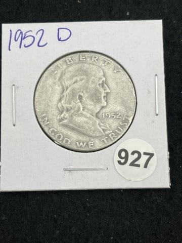 1952 D Franklin Half Dollar Silver Coin: KEY WORDS: INDIAN ARTIFACT ARTIFACTS ARROWHEAD ARROWHEADS NATIVE AMERICAN MISSISSIPPIAN QUAPAW CADDO POTTERY COINS MORGAN DOLLAR PEACE DOLLAR SILVER COINS. All coins have been Sigma tested for