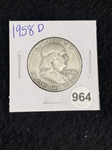 1958 D Franklin Half Dollar Silver Coin: KEY WORDS: INDIAN ARTIFACT ARTIFACTS ARROWHEAD ARROWHEADS NATIVE AMERICAN MISSISSIPPIAN QUAPAW CADDO POTTERY COINS MORGAN DOLLAR PEACE DOLLAR SILVER COINS. All coins have been Sigma tested for authent
