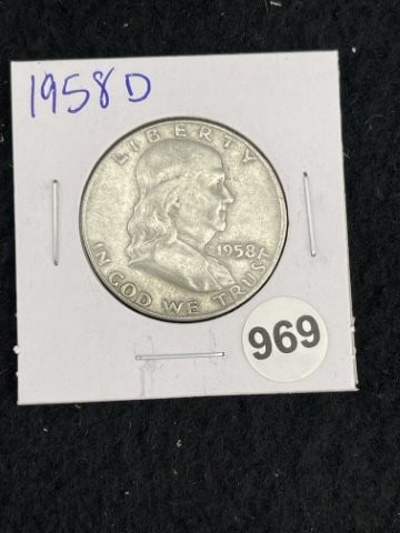 1958 D Franklin Half Dollar Silver Coin: KEY WORDS: INDIAN ARTIFACT ARTIFACTS ARROWHEAD ARROWHEADS NATIVE AMERICAN MISSISSIPPIAN QUAPAW CADDO POTTERY COINS MORGAN DOLLAR PEACE DOLLAR SILVER COINS. All coins have been Sigma tested for authent