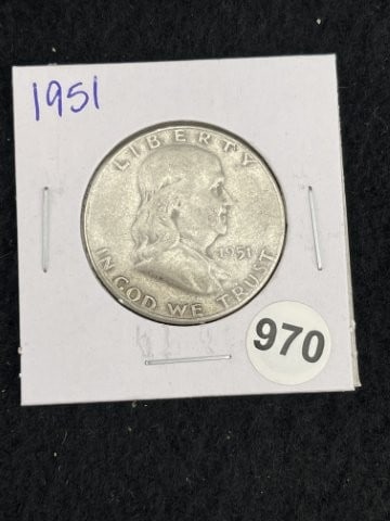 1951 Franklin Half Dollar Silver Coin: KEY WORDS: INDIAN ARTIFACT ARTIFACTS ARROWHEAD ARROWHEADS NATIVE AMERICAN MISSISSIPPIAN QUAPAW CADDO POTTERY COINS MORGAN DOLLAR PEACE DOLLAR SILVER COINS. All coins have been Sigma tested for authent