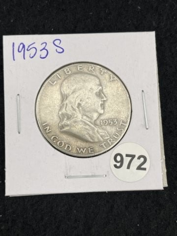 1953 S Franklin Half Dollar Silver Coin: KEY WORDS: INDIAN ARTIFACT ARTIFACTS ARROWHEAD ARROWHEADS NATIVE AMERICAN MISSISSIPPIAN QUAPAW CADDO POTTERY COINS MORGAN DOLLAR PEACE DOLLAR SILVER COINS. All coins have been Sigma tested for authent