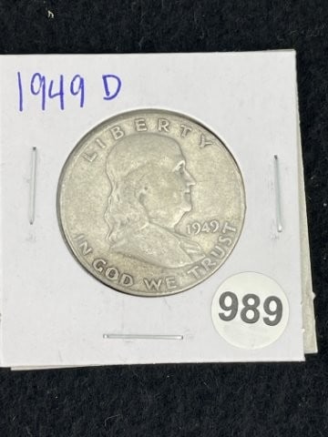 1949 D Franklin Half Dollar Silver Coin: KEY WORDS: INDIAN ARTIFACT ARTIFACTS ARROWHEAD ARROWHEADS NATIVE AMERICAN MISSISSIPPIAN QUAPAW CADDO POTTERY COINS MORGAN DOLLAR PEACE DOLLAR SILVER COINS. All coins have been Sigma tested for