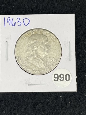 1963 D Franklin Half Dollar Silver Coin: KEY WORDS: INDIAN ARTIFACT ARTIFACTS ARROWHEAD ARROWHEADS NATIVE AMERICAN MISSISSIPPIAN QUAPAW CADDO POTTERY COINS MORGAN DOLLAR PEACE DOLLAR SILVER COINS. All coins have been Sigma tested for