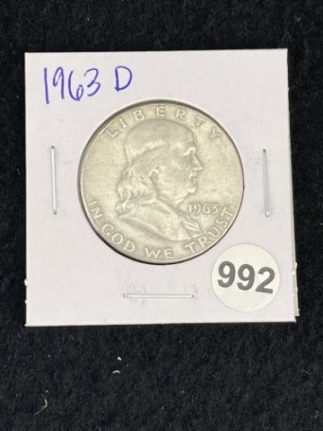 1963 D Franklin Half Dollar Silver Coin: KEY WORDS: INDIAN ARTIFACT ARTIFACTS ARROWHEAD ARROWHEADS NATIVE AMERICAN MISSISSIPPIAN QUAPAW CADDO POTTERY COINS MORGAN DOLLAR PEACE DOLLAR SILVER COINS. All coins have been Sigma tested for