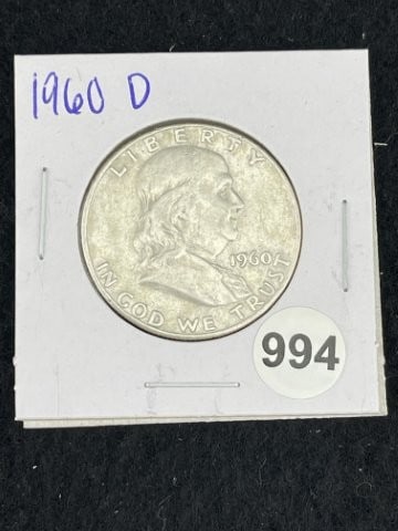 1960 D Franklin Half Dollar Silver Coin: KEY WORDS: INDIAN ARTIFACT ARTIFACTS ARROWHEAD ARROWHEADS NATIVE AMERICAN MISSISSIPPIAN QUAPAW CADDO POTTERY COINS MORGAN DOLLAR PEACE DOLLAR SILVER COINS. All coins have been Sigma tested for
