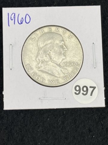 1960 Franklin Half Dollar Silver Coin: KEY WORDS: INDIAN ARTIFACT ARTIFACTS ARROWHEAD ARROWHEADS NATIVE AMERICAN MISSISSIPPIAN QUAPAW CADDO POTTERY COINS MORGAN DOLLAR PEACE DOLLAR SILVER COINS. All coins have been Sigma tested for