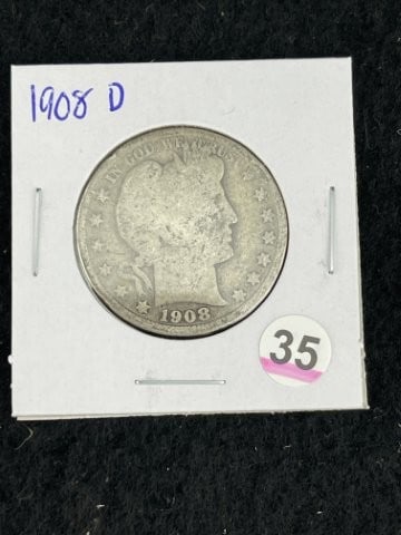 1908 D Barber Half Dollar Silver Coin: KEY WORDS: INDIAN ARTIFACT ARTIFACTS ARROWHEAD ARROWHEADS NATIVE AMERICAN MISSISSIPPIAN QUAPAW CADDO POTTERY COINS MORGAN DOLLAR PEACE DOLLAR SILVER COINS. All coins have been Sigma tested for