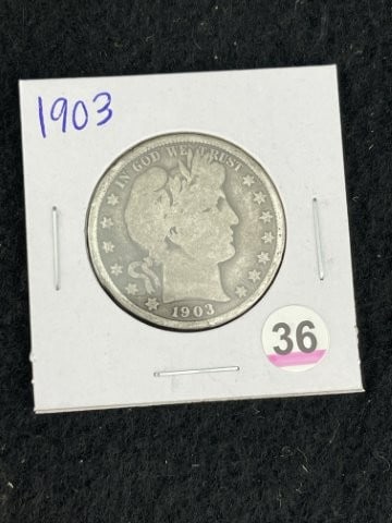 1903 Barber Half Dollar Silver Coin: KEY WORDS: INDIAN ARTIFACT ARTIFACTS ARROWHEAD ARROWHEADS NATIVE AMERICAN MISSISSIPPIAN QUAPAW CADDO POTTERY COINS MORGAN DOLLAR PEACE DOLLAR SILVER COINS. All coins have been Sigma tested for
