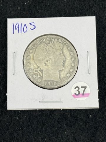 1910 S Barber Half Dollar Silver Coin: KEY WORDS: INDIAN ARTIFACT ARTIFACTS ARROWHEAD ARROWHEADS NATIVE AMERICAN MISSISSIPPIAN QUAPAW CADDO POTTERY COINS MORGAN DOLLAR PEACE DOLLAR SILVER COINS. All coins have been Sigma tested for