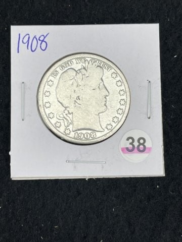 1908 Barber Half Dollar Silver Coin: KEY WORDS: INDIAN ARTIFACT ARTIFACTS ARROWHEAD ARROWHEADS NATIVE AMERICAN MISSISSIPPIAN QUAPAW CADDO POTTERY COINS MORGAN DOLLAR PEACE DOLLAR SILVER COINS. All coins have been Sigma tested for