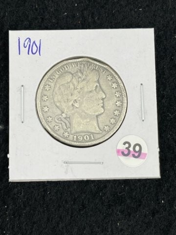 1901 Barber Half Dollar Silver Coin: KEY WORDS: INDIAN ARTIFACT ARTIFACTS ARROWHEAD ARROWHEADS NATIVE AMERICAN MISSISSIPPIAN QUAPAW CADDO POTTERY COINS MORGAN DOLLAR PEACE DOLLAR SILVER COINS. All coins have been Sigma tested for