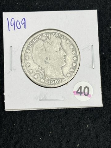 1909 Barber Half Dollar Silver Coin: KEY WORDS: INDIAN ARTIFACT ARTIFACTS ARROWHEAD ARROWHEADS NATIVE AMERICAN MISSISSIPPIAN QUAPAW CADDO POTTERY COINS MORGAN DOLLAR PEACE DOLLAR SILVER COINS. All coins have been Sigma tested for