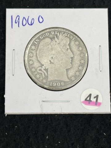 1906 O Barber Half Dollar Silver Coin: KEY WORDS: INDIAN ARTIFACT ARTIFACTS ARROWHEAD ARROWHEADS NATIVE AMERICAN MISSISSIPPIAN QUAPAW CADDO POTTERY COINS MORGAN DOLLAR PEACE DOLLAR SILVER COINS. All coins have been Sigma tested for