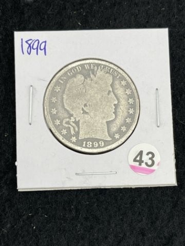 1899 Barber Half Dollar Silver Coin: KEY WORDS: INDIAN ARTIFACT ARTIFACTS ARROWHEAD ARROWHEADS NATIVE AMERICAN MISSISSIPPIAN QUAPAW CADDO POTTERY COINS MORGAN DOLLAR PEACE DOLLAR SILVER COINS. All coins have been Sigma tested for