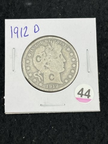 1912 D Barber Half Dollar Silver Coin: KEY WORDS: INDIAN ARTIFACT ARTIFACTS ARROWHEAD ARROWHEADS NATIVE AMERICAN MISSISSIPPIAN QUAPAW CADDO POTTERY COINS MORGAN DOLLAR PEACE DOLLAR SILVER COINS. All coins have been Sigma tested for